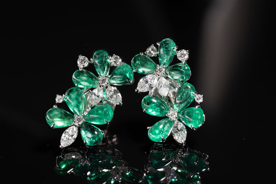 Beautiful Columbian Cabochon Green Emerald & Diamond Earrings