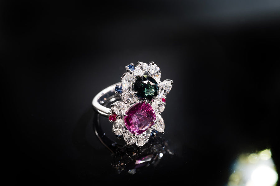 Burmese Pink Sapphire & No Heated Greenish-Blue Sapphire & Diamond Ring 藍寶石戒指