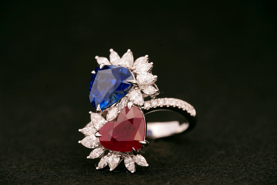 Heart shape Ruby & Sapphire and Diamond Ring in 18Karat Gold setting  心形藍寶石及鑽石戒指