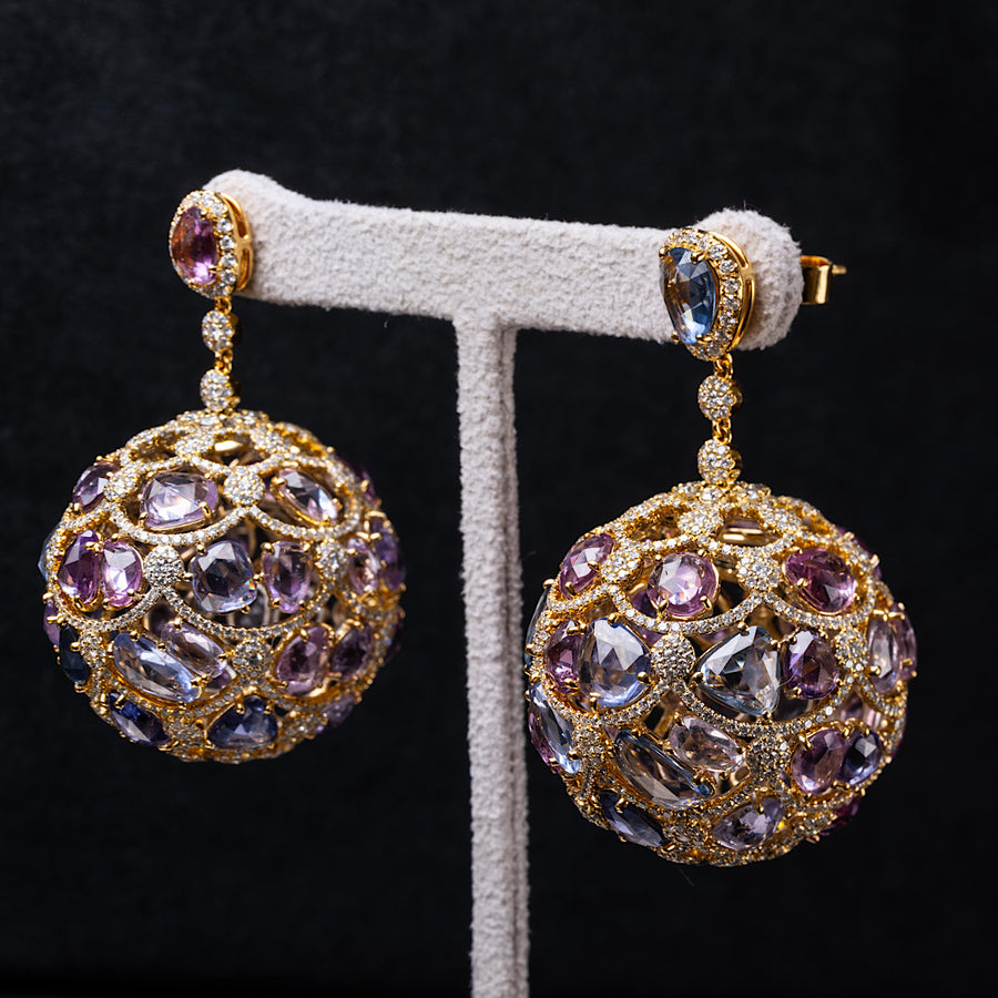 Natural rosecut sapphire and diamond 'disco-ball' hanging earrings