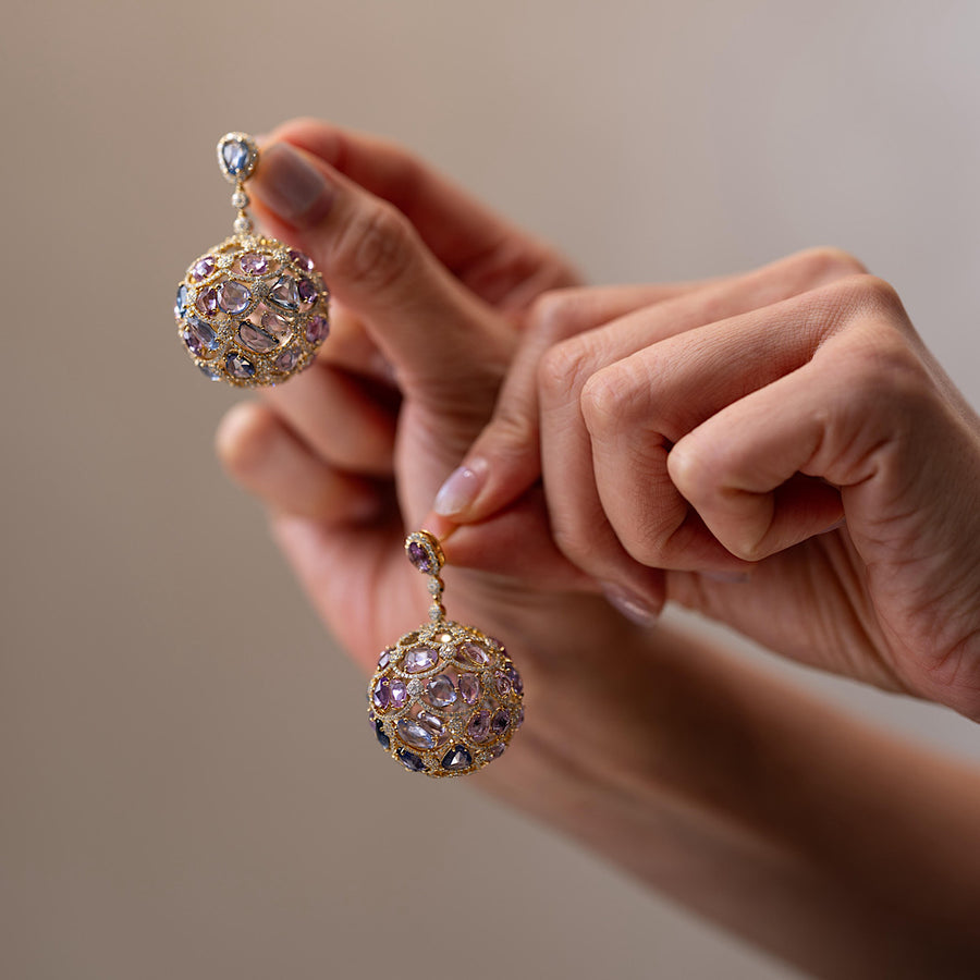 Natural rosecut sapphire and diamond 'disco-ball' hanging earrings