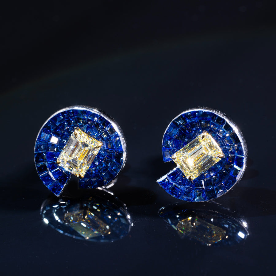 Natural Emerald Cut Diamond & Blue Sapphire 隱密切割藍寶石鑽石耳環