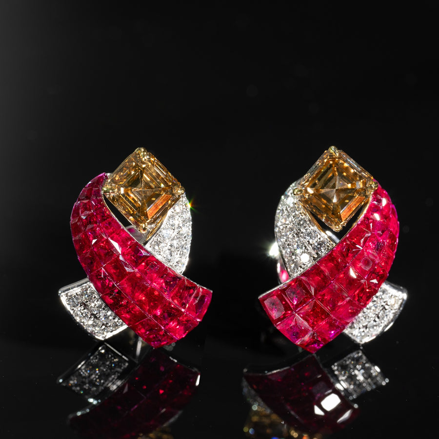 Natural Brown Asscher Cut Diamond & invisible setting 隱密切割紅寶石及鑽石耳環