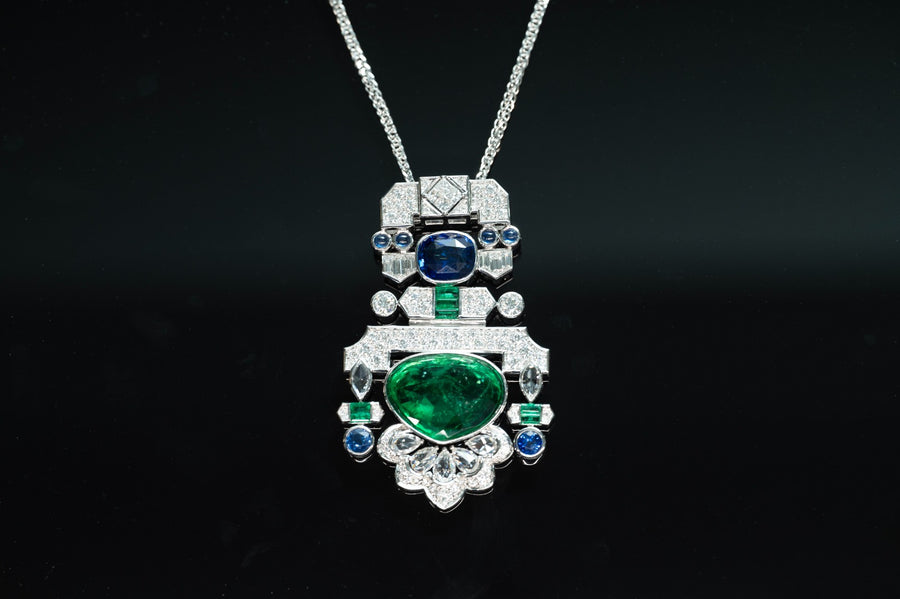 Art Deco style Blue Sapphire & Green Emerald Pendant in 18karat White Gold