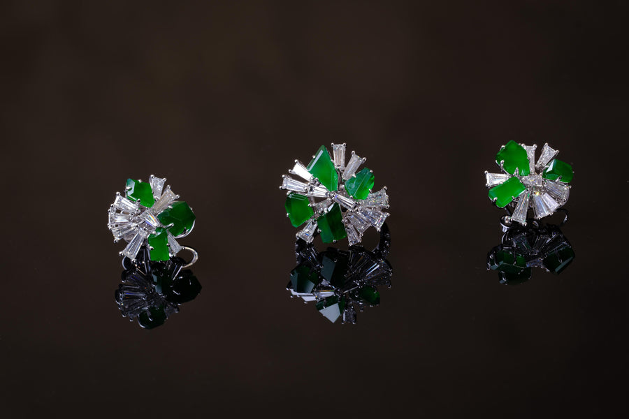 Natural Green Jadeite and diamond ring and earring set