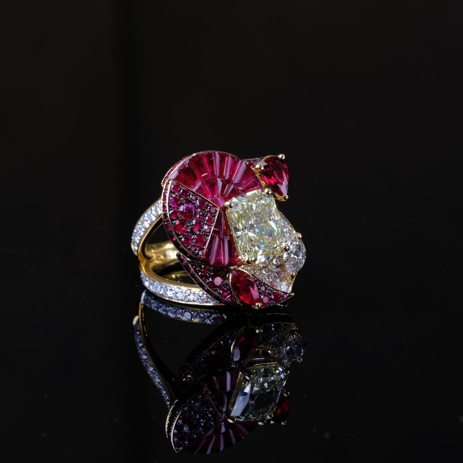 Natural Fancy Yellow Diamond and Ruby Ring