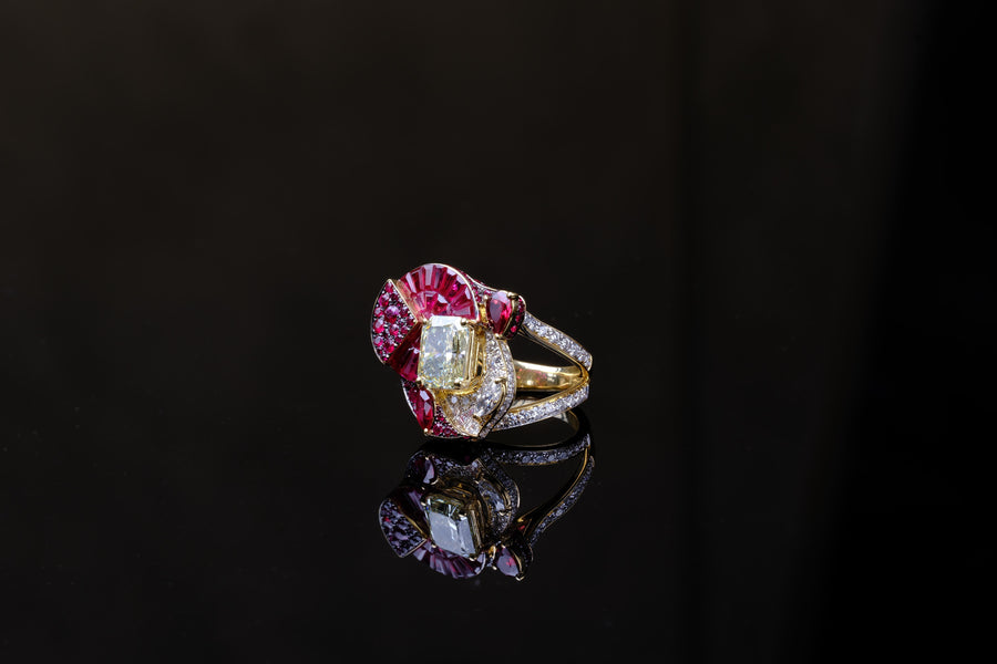 Natural Fancy Yellow Diamond and Ruby Ring