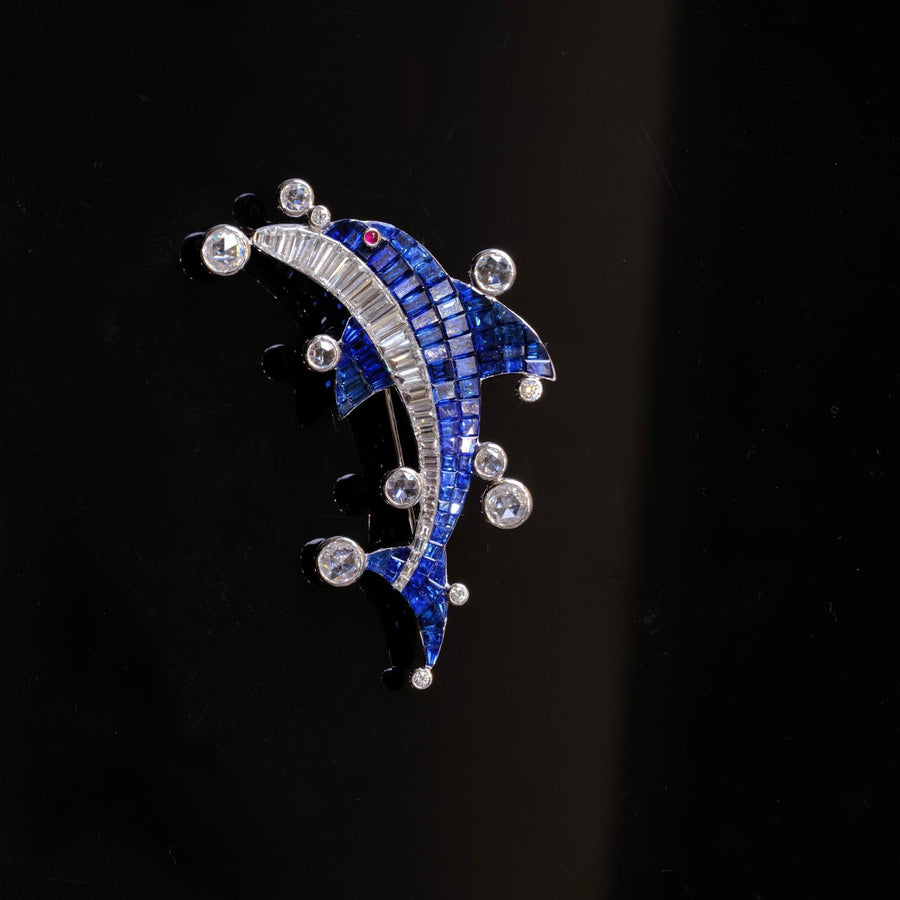 Natural Blue Sapphire and Diamond Brooch in 18Karat Gold setting