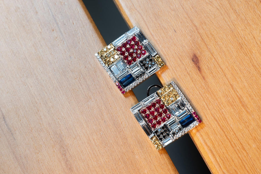 Piet Mondrian , Composition inspired natural diamond and gem stones earrings in 18Karat Gold setting