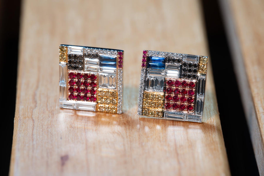 Piet Mondrian , Composition inspired natural diamond and gem stones earrings in 18Karat Gold setting