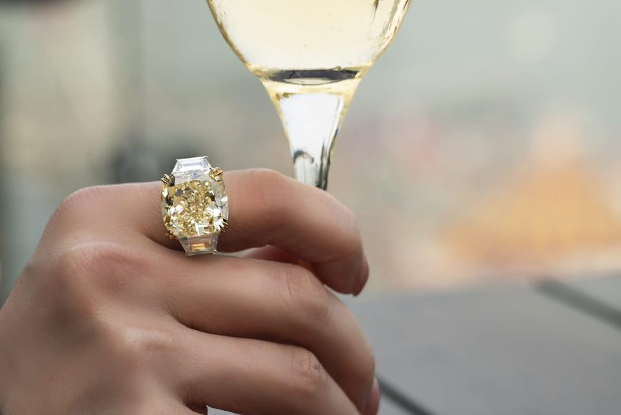 Superb Natural Fancy Yellow Cushion Brilliant Cut Diamond Ring  天然彩黃色鑽石戒指