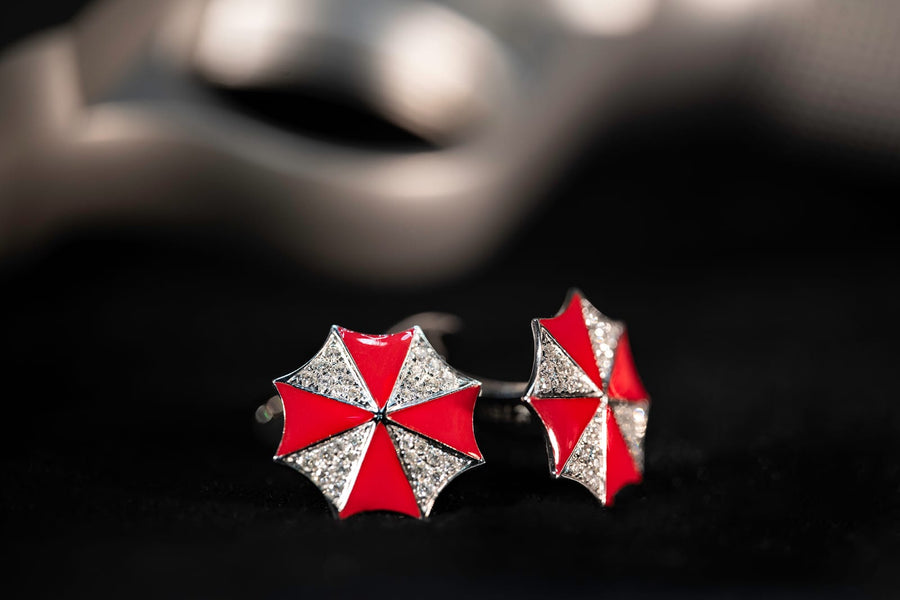Cufflinks With Diamonds, Red Enamal & 18K Gold 紅色琺瑯配鑽石袖扣