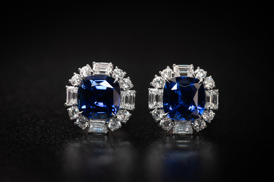 Matching Cushion Brilliant Cut Blue Sapphire and Diamond Stud Earrings 配對枕頭型切割藍寶石及鑽石耳釘