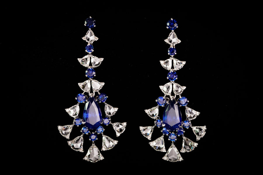 Pear shape Blue Sapphire & Rose Cut Diamond Earrings  梨型藍寶石及復古切割鑽石耳環