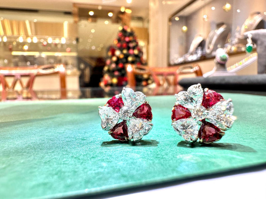 GIA Heart Shape Brilliant Cut Diamond & Ruby Stud Earrings 心形閃亮切割鑽石及紅寶石耳環