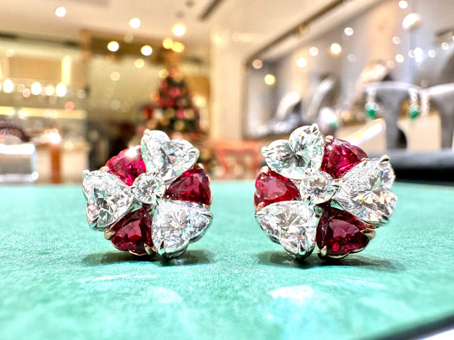 GIA Heart Shape Brilliant Cut Diamond & Ruby Stud Earrings 心形閃亮切割鑽石及紅寶石耳環