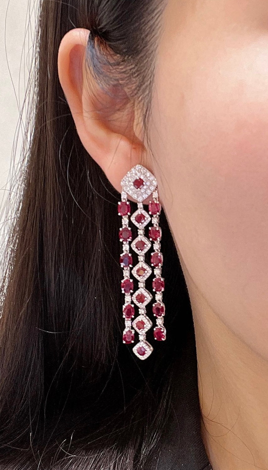 No-heated Ruby And  Diamond Drop Earrings 紅寶石和鑽石吊耳環