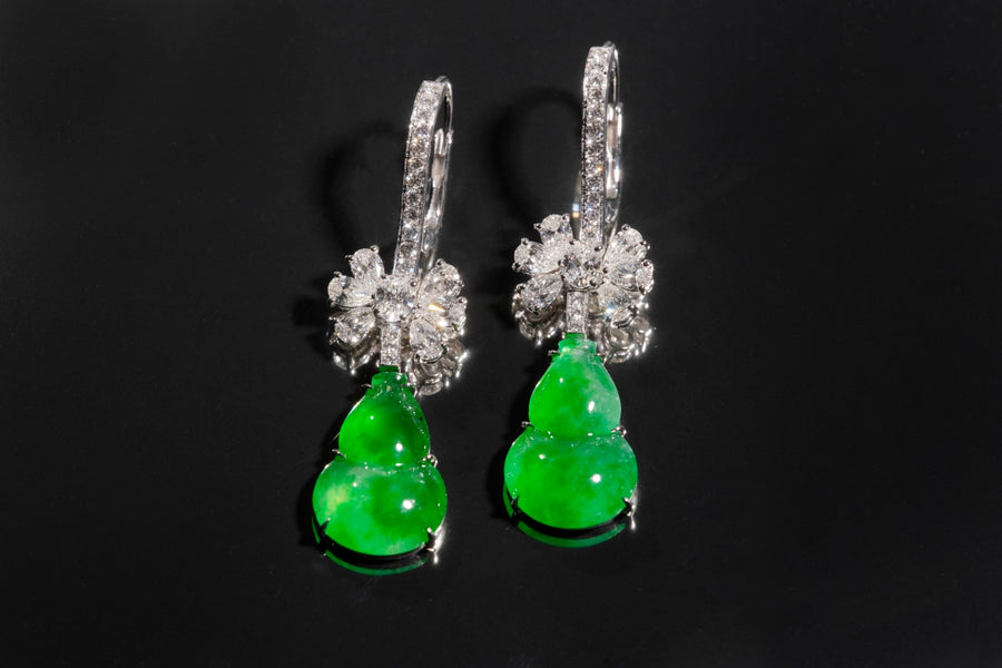 Highly Translucent Green Jadeite 'Wulu' and Diamond Earrings