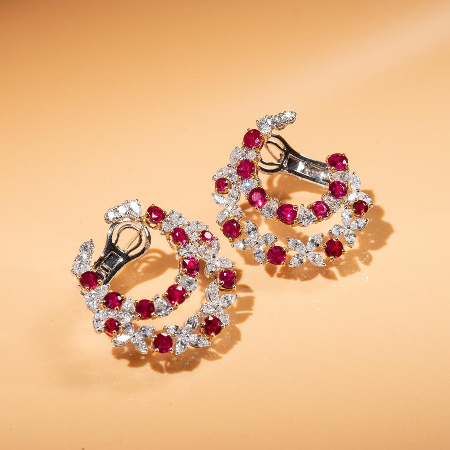 Burmese Ruby & Diamond Earrings 圓形閃亮切割緬甸紅寶石及鑽石耳環