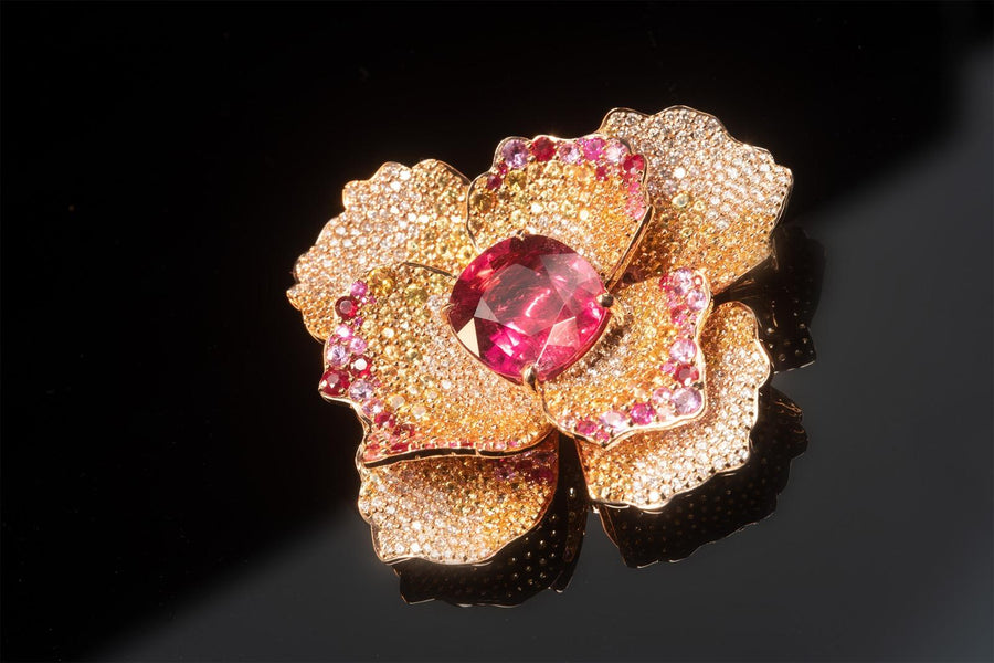 Rubellite Tourmaline And Multi Color Sapphire Brooch 紅碧璽配多色藍寶石及鑽石胸針